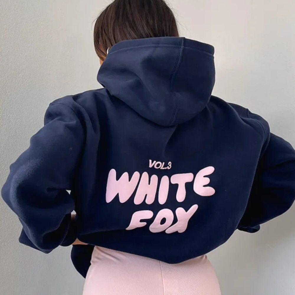 White Fox Boutique Hoodie Navy Hoodie with Pink Logo US S-M
